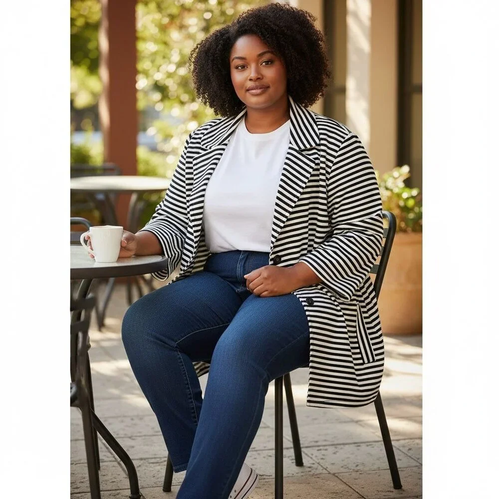 Vintage Pendleton Womens XL Striped Swing Jacket Blazer Navy/White Pleated Back - Picture 6 of 14